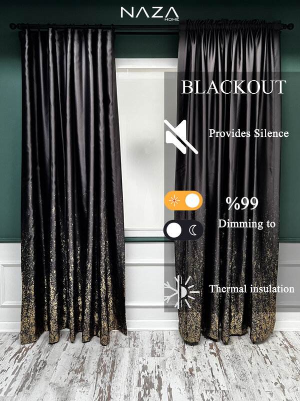 Gold Blackout Curtain Set 300 x 270 Cm (2 Pieces 150 x 270) Foil Printed Provides 99% High Quality for Your Rooms