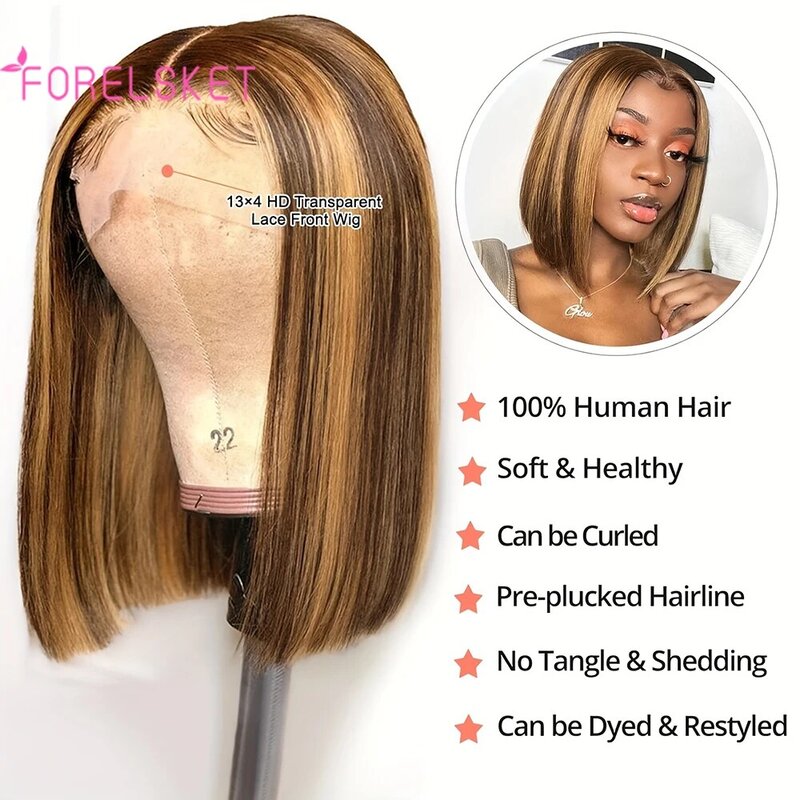 13x4 Highlight Bob Wig Human Hair 150% Density Pre Plucked Hairline Frontal Straight Bob Wigs For Women Ombre Brown Honey Blonde