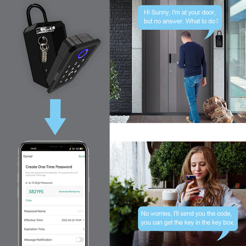 Tuya Smart Keyboxs eletrônicos funcionam com Bluetooth Gateway impermeável ao ar livre Lock Box Segurança Fingerprint Wall Key Box para casa