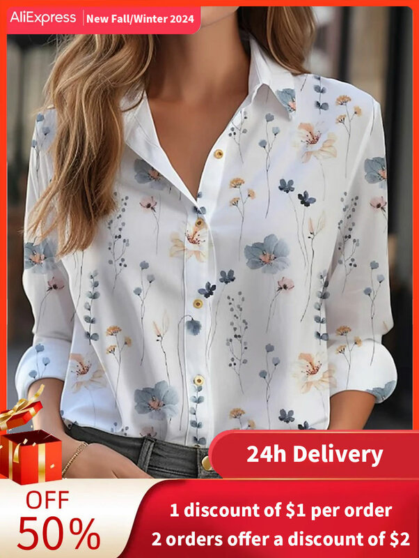 2023 koszula damska i bluzki eleganckie koszulka w kwiatki 3D nadruk wysokiej jakości długi rękaw moda duży rozmiar odzież damska bluzka