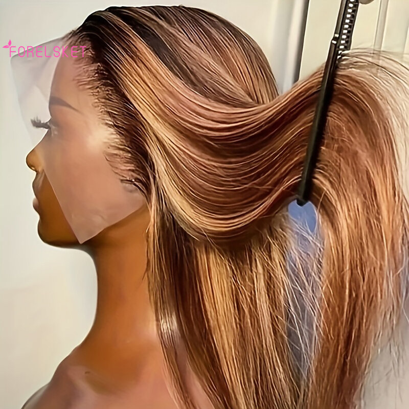 180% Плотность прямые 13x4 HD прозрачные кружевные передние парики человеческие волосы хайлайтер P4/27 цветов бразильские прямые человеческие волосы парики