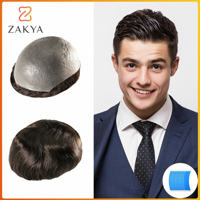 男性のための自然な人間の髪の毛のかつら,交換の男性の人工毛,0.02-0.04mmループ,超薄型