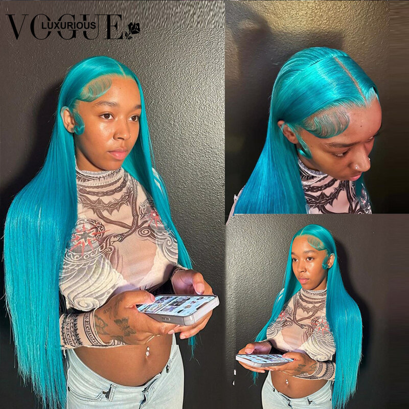 Wig Frontal rambut lurus manusia berwarna biru danau terang 13X4 Wig depan renda transparan tanpa lem siap dibeli Brasil