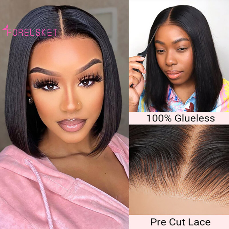 180% Density Wear And Go Human Hair Wig 7x6 Pre Cut Skin Melt Lace Glueless Wig Invisible Knots Pre Plucked Silky Straight Bob