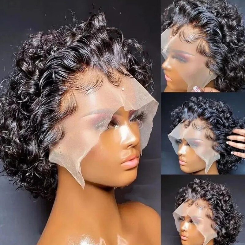 Parrucca riccia Pixie Cut parrucche per capelli umani in pizzo trasparente parrucca corta 13x1 parrucca in pizzo Prepluck capelli umani brasiliani per le donne a buon mercato