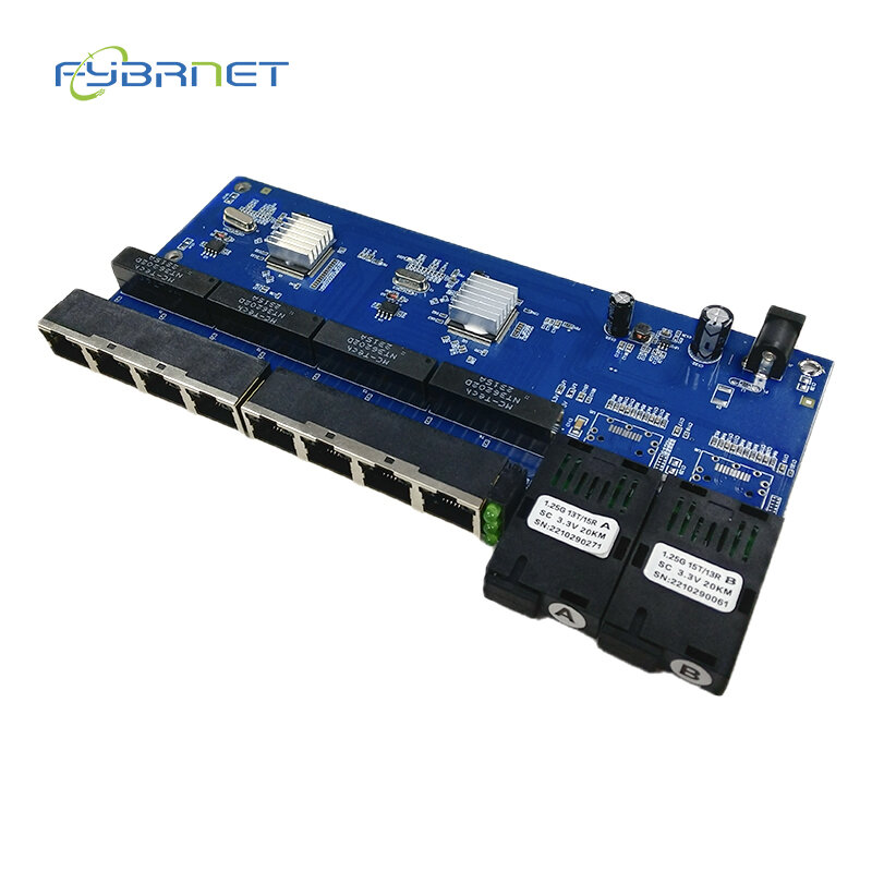 Switch eternet serat optik Gigabit, 2 buah 10/100/1000Mbps 8 RJ45 UTP 2 SC Port serat Ethernet cepat konverter Media optik PCBA