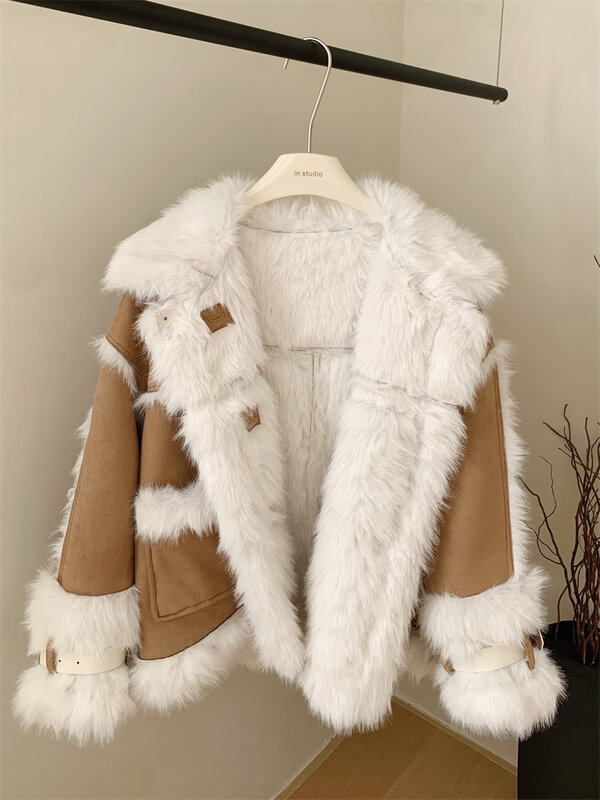 Jaqueta de pele térmica vintage feminina, casacos patchwork, super grossa, estética casual, outono e inverno, nova