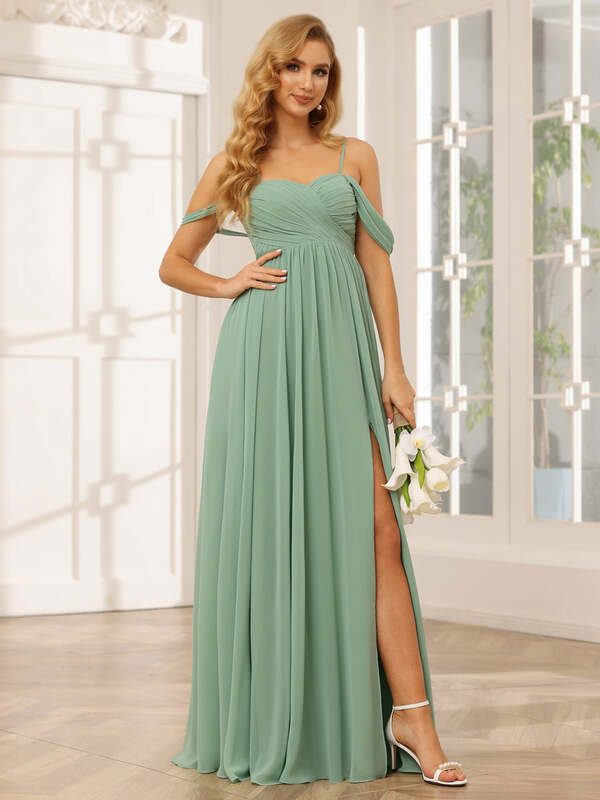 Women Off-The-Shoulder Chiffon Formal Dresses With Split Long Spaghetti Straps Prom Grown Party A-line Elegant Bridesmaids Dress