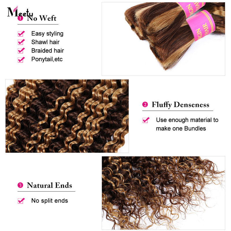 Extensiones de cabello humano rubio miel para mujer, extensiones de cabello brasileño Remy de 30 pulgadas con ondas profundas a granel para trenzado