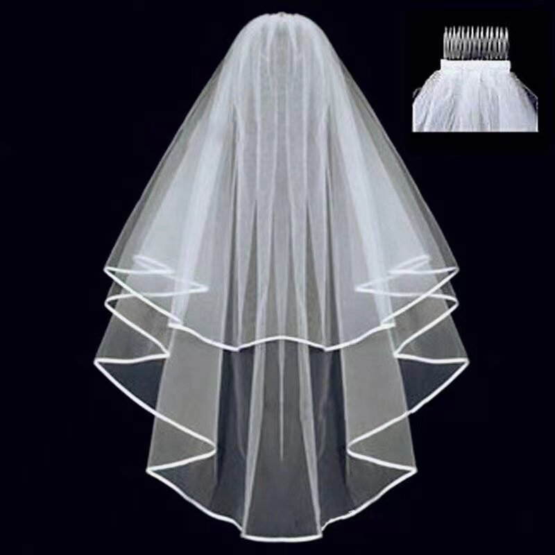 Velo de novia recortado de dos capas de tul blanco con borde de cinta, accesorios de boda