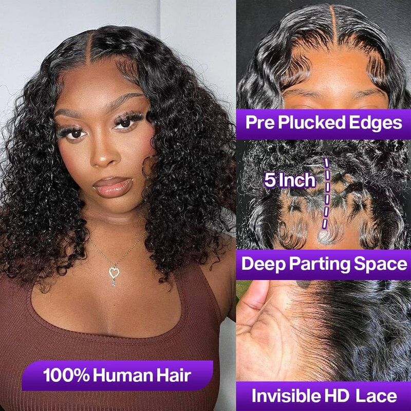 Glueless Deep Curly Frontal Wig For Women Water Wave Brazilian Short Bob Lace Closure Human Hair Wigs Pre Pluck With Baby Hair