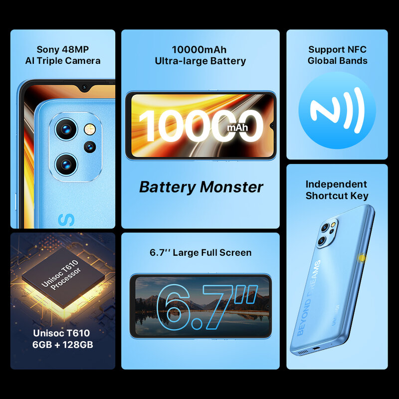 Umidigi-Power 7 Max Android 11スマートフォン,10000mAhバッテリー,Unisoc t610,6GB, 128GB, 6.7インチディスプレイ,48MPカメラ,NFC,携帯電話,ロック解除