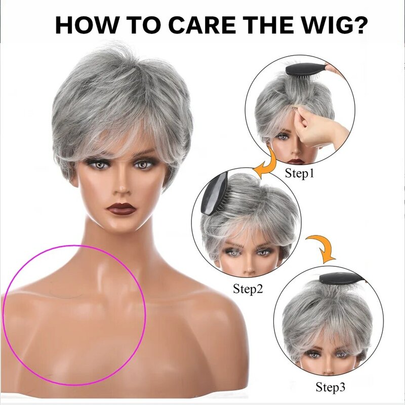 Pelucas sintéticas de corte Pixie para mujer, cabello humano 30% mezclado, cabello Natural gris plateado con flequillo, resistente al calor, uso diario