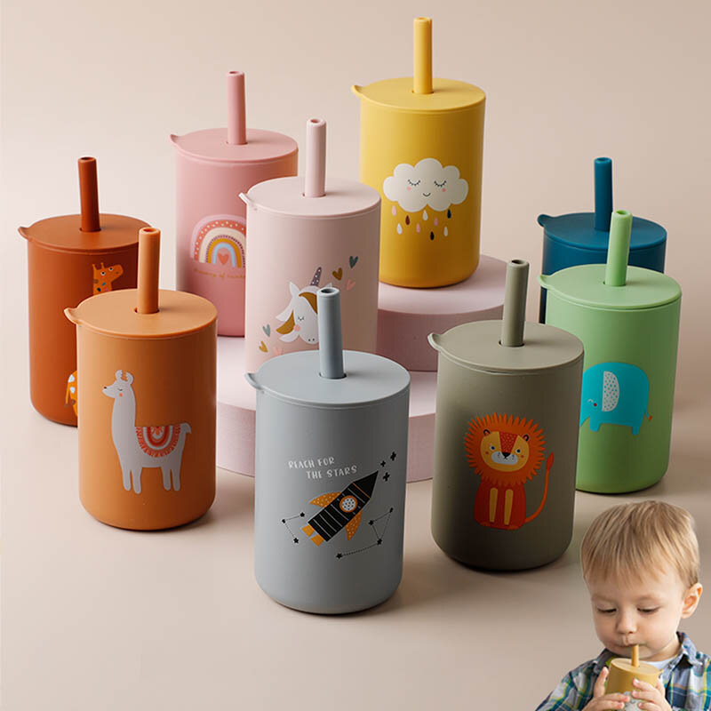 TYRY.HU-taza de paja de alimentación para bebé, vaso de aprendizaje de dibujos animados para bebé, botella de agua de silicona de grado alimenticio, vajilla sin BPA, 1 unidad