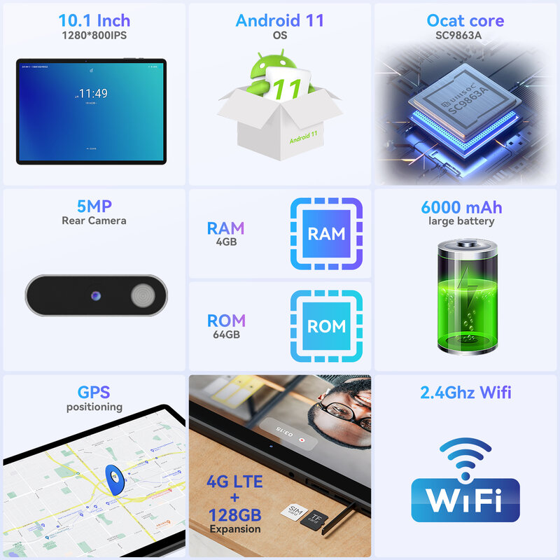 Adreamer LeoPad10X 태블릿 PC, GPS C타입 태블릿, 옥타코어, 안드로이드 11, 4G 네트워크 와이파이, 6000mAh 배터리, 10.1 인치, 4GB RAM, 64GB ROM