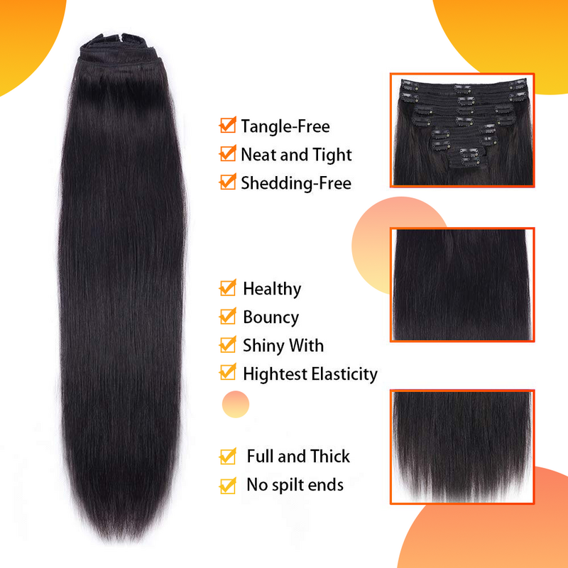 Clip In Hair Extension Human Hair Brazilian Straight Clip In Extension Full Head Clip Hair Extension for Women 120g/Set Color 1B