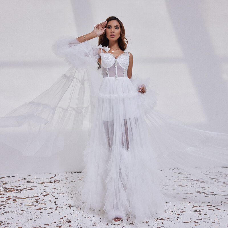 Elegant Two-Pieces Lace Bride Robe For Wedding Sexy Flare Sleeves Soft Tulle Bridal Shower Dress Women Night Gwon عرس لينجري