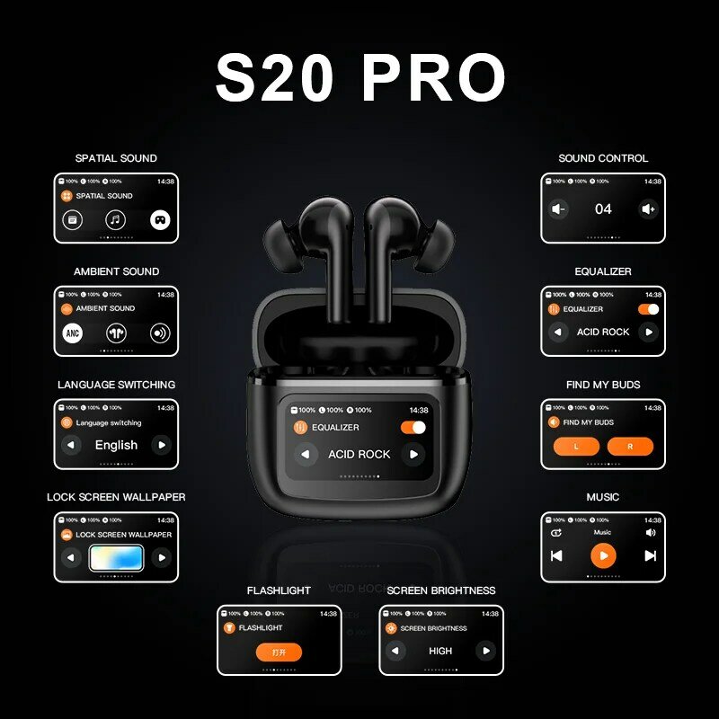 Smithing s20 pro fones de ouvido sem fio, tela sensível ao toque, anc, tss, sem ruído, bluetooth 5.3, bateria de longa duração, suporte a aplicativos, hi-fi