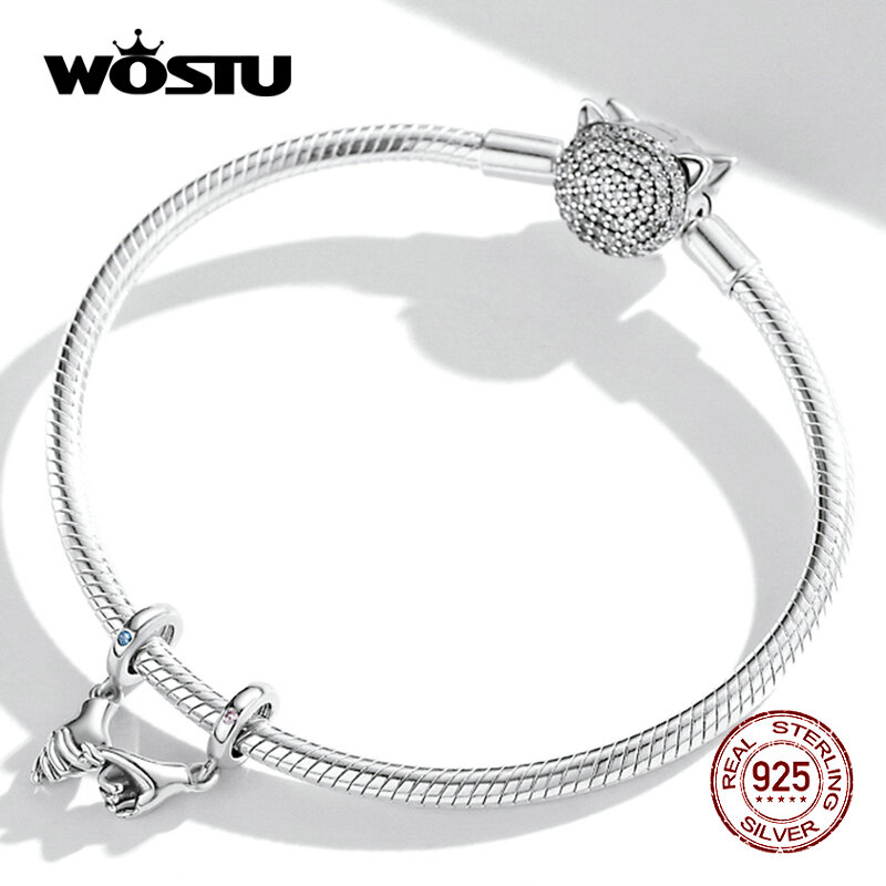 WOSTU 925 Sterling Silver Pave CZ Safety Chain Hand in Hands Pendants Fit Original Bracelet Bangles DIY Jewelry Accessories