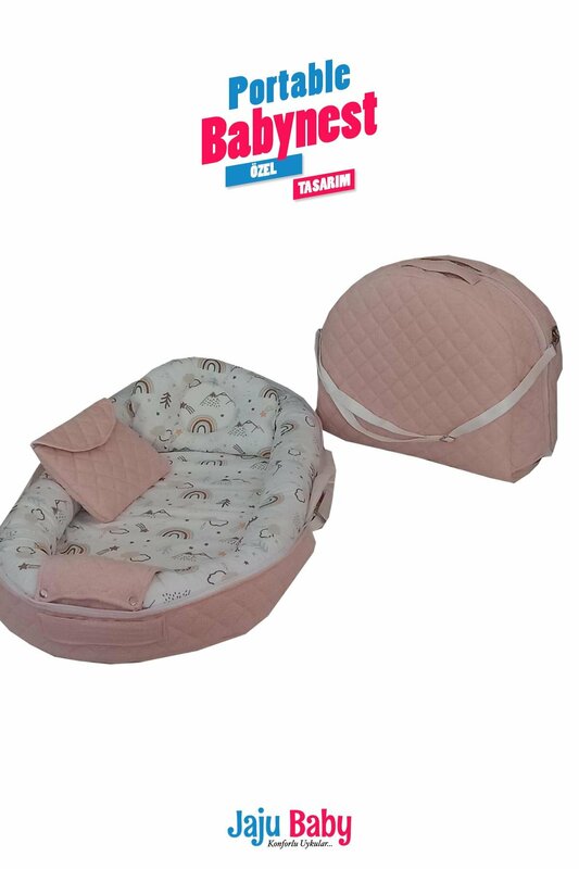 핸드메이드 베이비 파우더 핑크 니트 레인보우 패턴 가방, 휴대용 아기 가방, 엄마 옆 침대