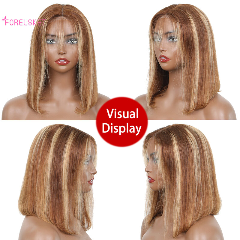 4/27 Honey Blonde Bob Lace Front Wig Human Hair 12 Inch 12A Short Bob Wig 180% Density 6x4 Glueless Wig Straight Bob Frontal Wig