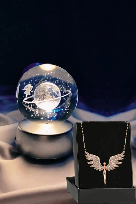 Kleur Veranderende Led Lichtgevende Glazen Saturn Meisje Bol Volle Maan Lamp Crystal Ball En Goud Angel Hanger