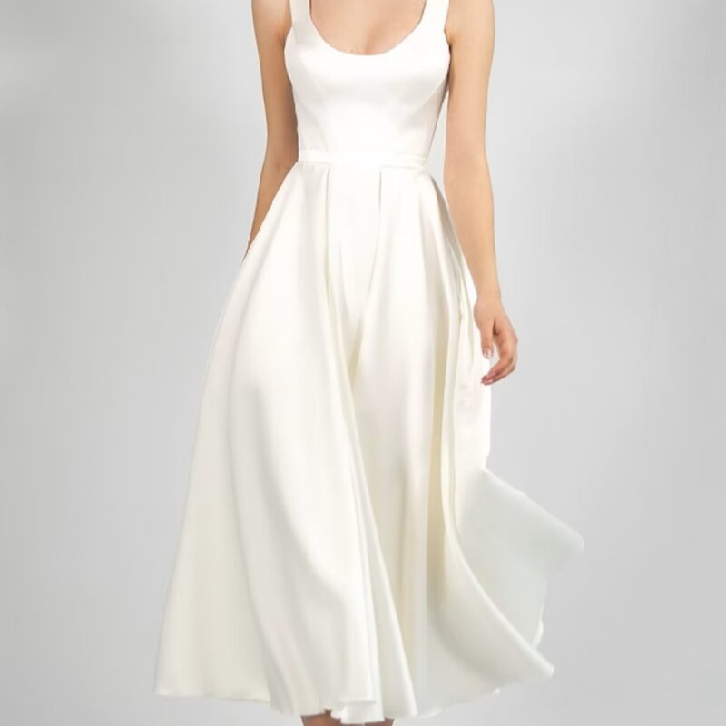 Simples meados de bezerro vestidos de casamento, colher colarinho, vestidos de noiva tanque, A-Line, elegante vestido nupcial