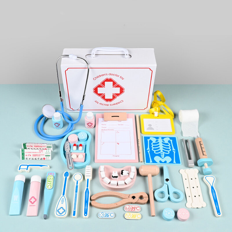 Crianças de madeira doutor fingir jogar conjunto brinquedos kit enfermeira função jogo de ação conjunto simulação acessórios médicos saco para crianças presente natal