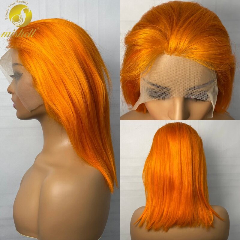 Peruca curta frontal de renda transparente para mulheres, cabelo remy pré-arrancado, Bob reto laranja, cabelo humano brasileiro, densidade a 180%, 13x4