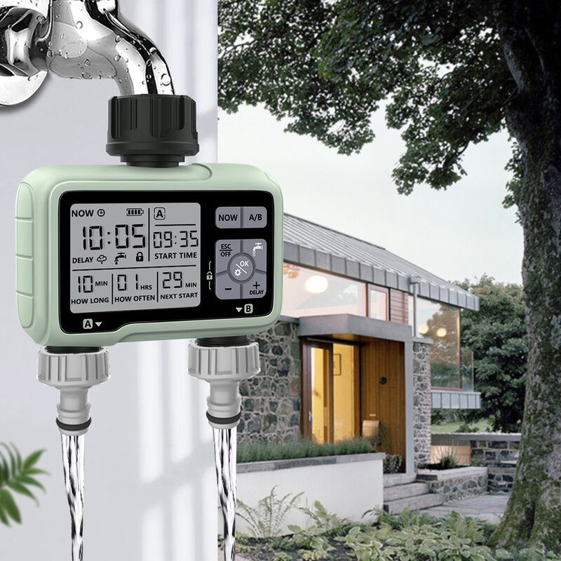 Eshico Layar LCD Besar 2-Outlet Alat Air Irigasi Luar Ruangan Rumah Tangga Pengatur Waktu Otomatis Taman Penyiraman