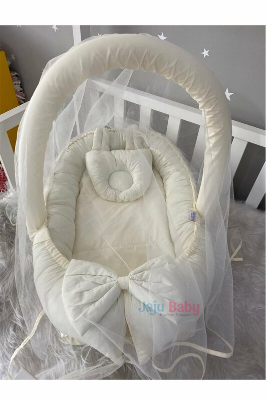 Handmade Cream Mosquito Net with Ears and Luxury Design Babynest with Toy Device