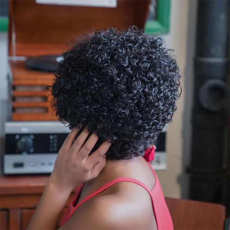 Pelucas de cabello humano rizado con flequillo para mujer, pelo Remy brasileño, color marrón Natural