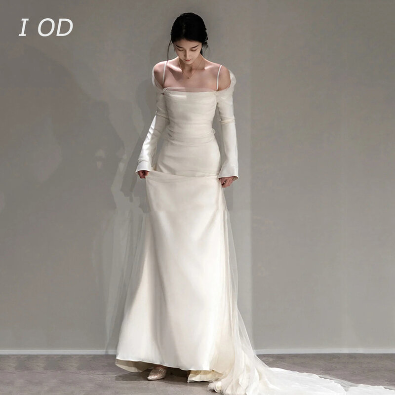 I OD Simple Satin Square Neck Wedding Dress Long sleeved Tulle Tail Bridal Dress De Novia
