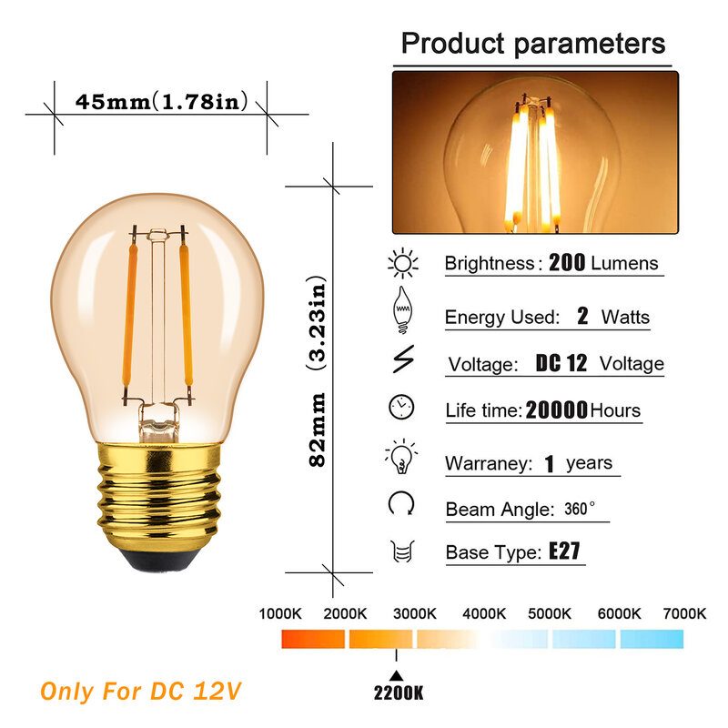 10ชิ้นหลอดไฟ LED แนววินเทจ12V G45 E27หลอดแก้วสีเหลืองอำพัน2W หลอดแรงดันต่ำหลอดไส้ RV แคมป์โคมไฟสไตล์วินเทจภายใน