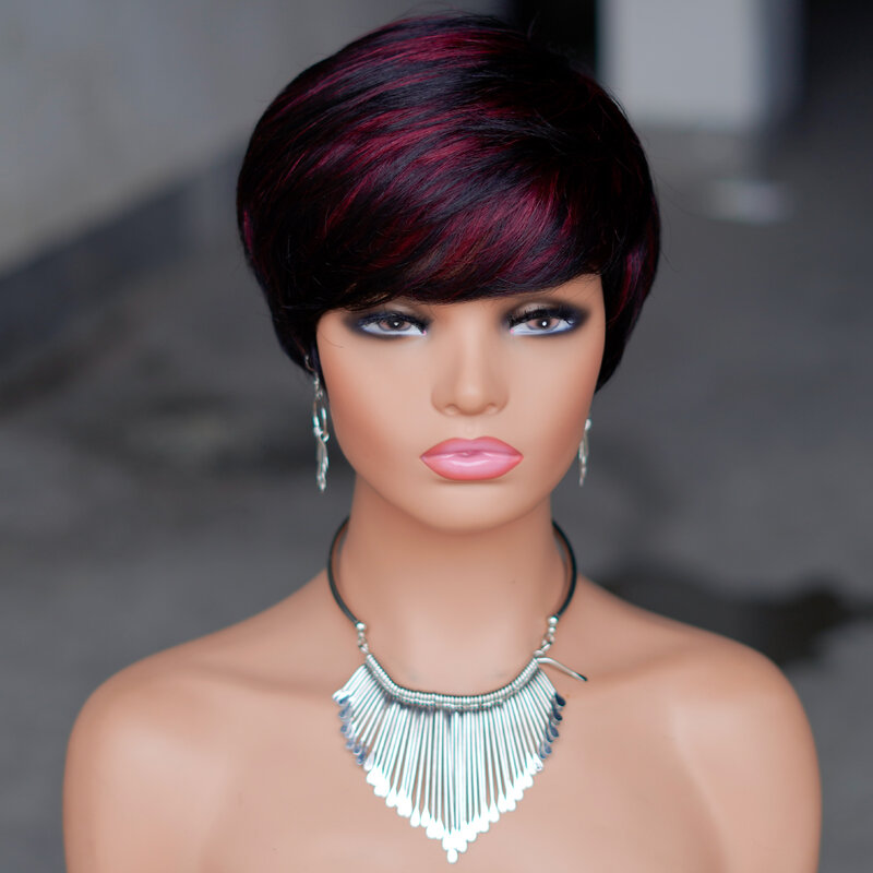 T1B/99J Short Pixie Cut Brazilian Remy Human Hair Wigs To Wear Glueless Straight Hair Color Full Machine Made Bob Wig With Bangs