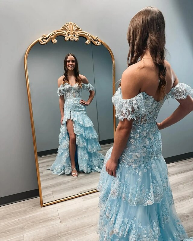 Sparkly Tulle Sweetheart Off-the-Shoulder Appliques Sequins Prom Dresses A-line Tiered Ruffle High Slit Formal Evening Dress