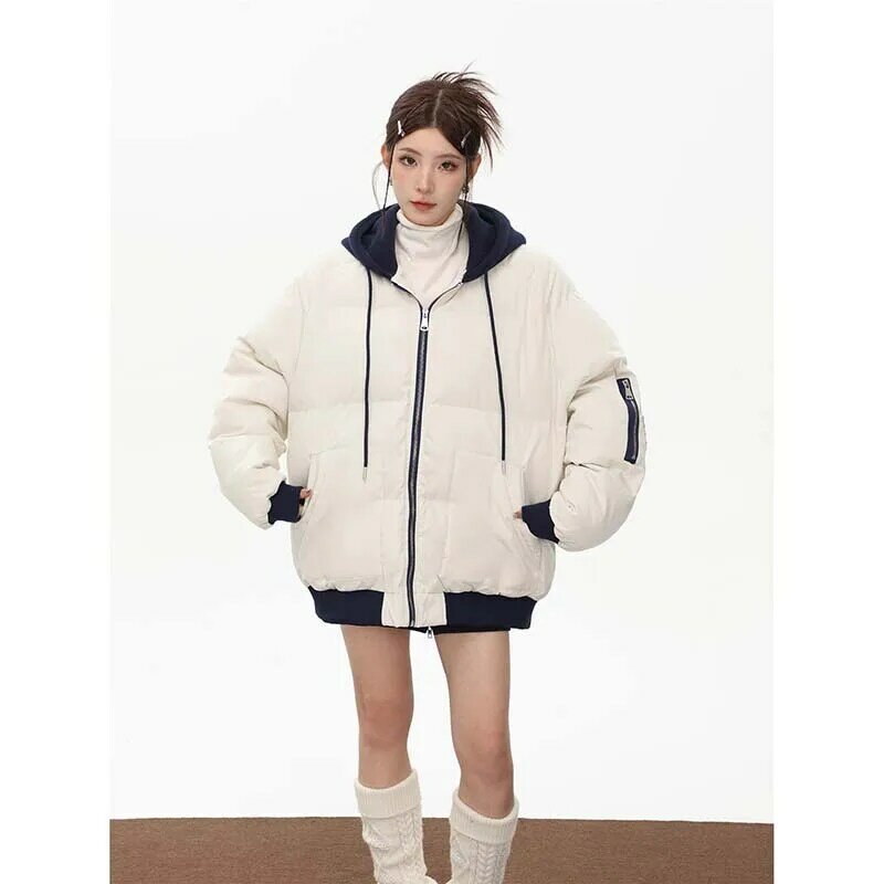 Корейская версия, зимняя Новинка, повседневная хлопковая одежда для женщин Y2K, комплект из двух предметов с имитацией двух предметов, куртка на молнии с карманами, плотное пальто