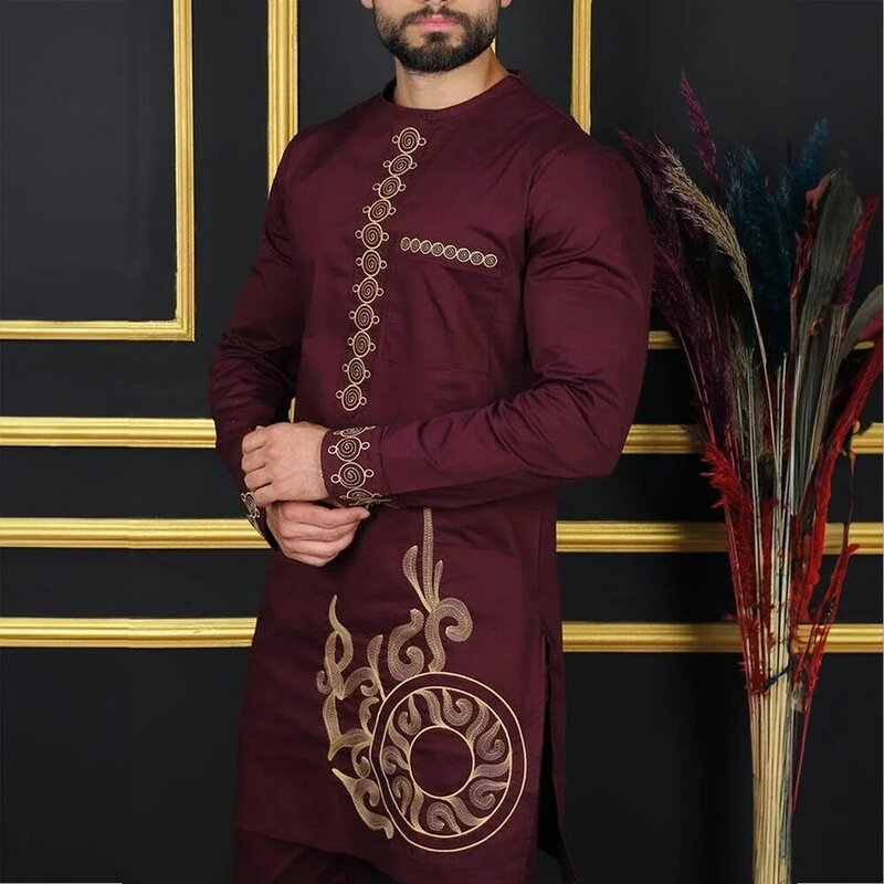 Baru dalam Dashiki Set 2 buah pakaian pria Abaya Set kemeja celana lengan panjang elegan gaya etnik Afrika leher bulat setelan Kaftan