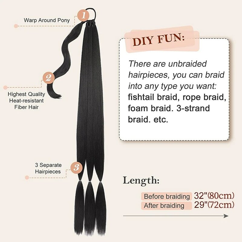 Ekstensi rambut sintetis kepang panjang untuk wanita, kuncir ekor kuda hitam dengan tali rambut tahan panas serat rambut kepang alami