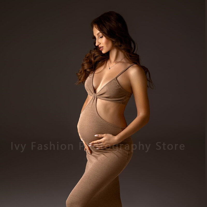 Mutterschaft Fotografie Kleider gestrickt schwangere Frau Kleidung Riemen Weste coole Hosenträger langen Rock Mode elegante Party kleid