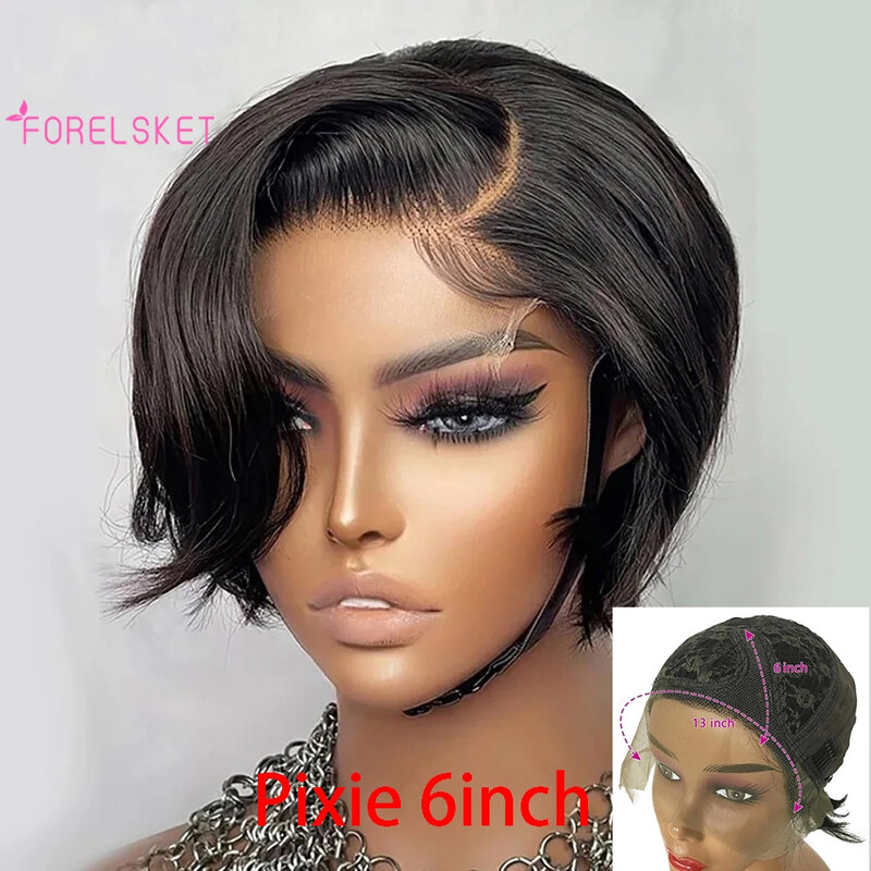 Wig lurus renda depan rambut manusia Pixie rambut manusia wig sebelum dipetik dengan rambut bayi 13x4 wig Frontal renda untuk wanita 180 Densit