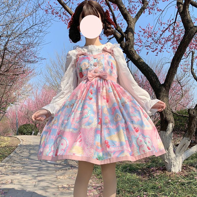 Lolita-vestido con estampado de dibujos animados para fiesta de té, vestido japonés sin mangas con lazo dulce, princesa Kawaii, lindo vestido de tirantes Jsk