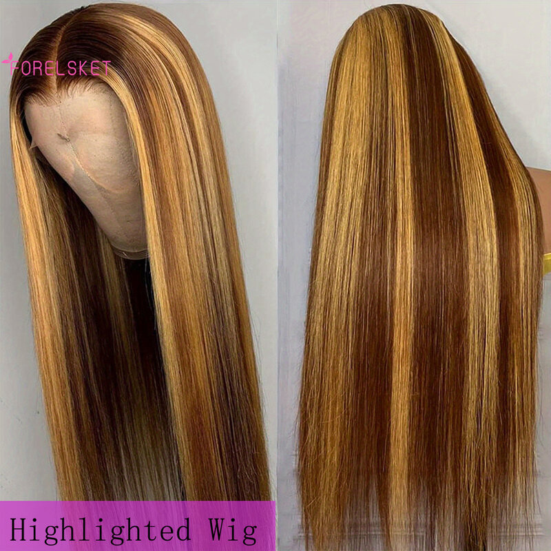 Honey Blonde renda Wig depan 13x4 HD transparan 4/27 Wig depan Ombre renda Highlight rambut manusia telah ditanami dengan rambut bayi