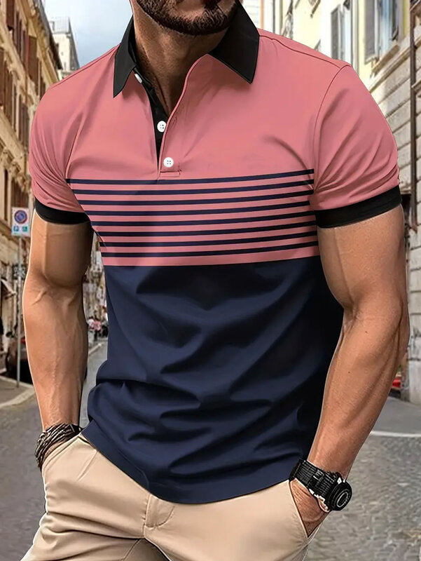 Kaus Polo Lapel lengan pendek pria, Kemeja Golf pengukuran Eropa kasual blok warna bergaris untuk musim panas