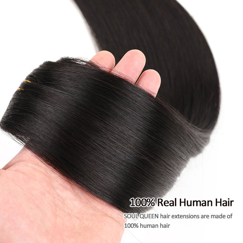Grampo reto em extensões do cabelo humano, cabelo Remy brasileiro real, cabeça cheia, preto natural, Ásia, Coreia, 7 PCes, 70g