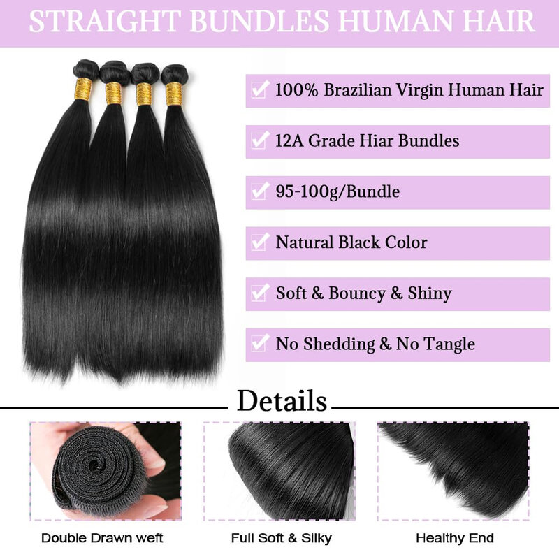 Recht Menselijk Haar Bundels Met Sluiting Braziliaans Menselijk Haar 3 Bundels Met 13X4 Kant Frontale Sluiting Remy Hair Bundels Natuurlijke