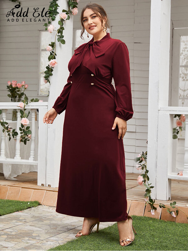 Add Elegant Autumn 2022 Plus Size Dresses for Women Bow Tie Neck Solid Female Vintage Red Button Waist Office Lady Dress B146