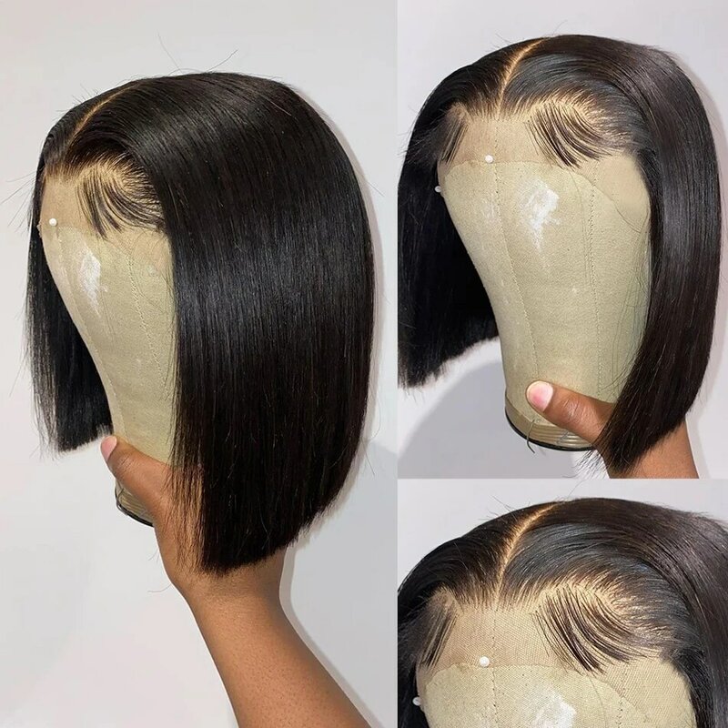 Peluca de cabello humano liso de 13x4 para mujeres negras, postizo de encaje Frontal transparente, corte Bob, Remy, 4x4