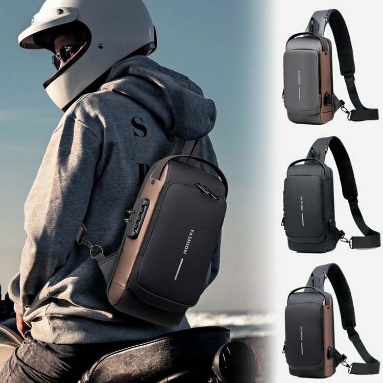 Bolso de pecho de PU multifunción para hombre, bolsa deportiva antirrobo con bloqueo de contraseña y hombro ajustable, carga USB