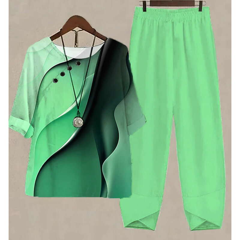 Conjunto de dos piezas para mujer, camiseta informal de manga corta con cuello redondo y estampado a rayas, pantalones holgados elegantes para verano y otoño